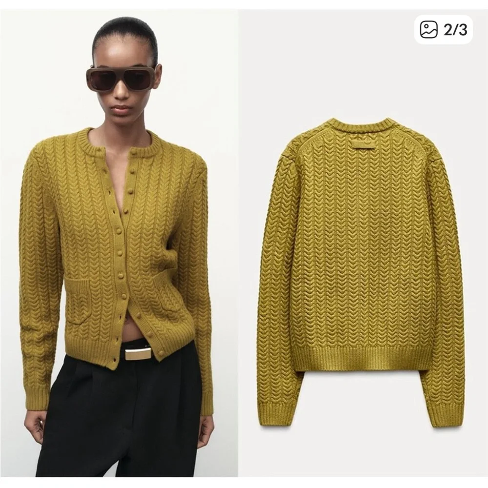 Zara Olive Cable Knit Cardigan - Picture 3 of 5